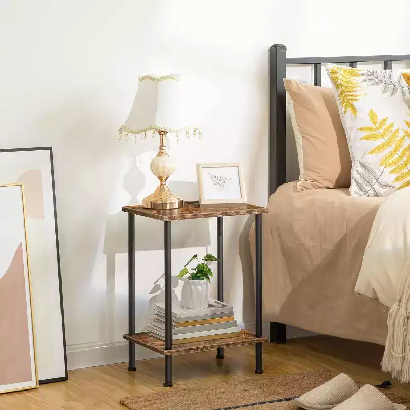 Small Industrial End Table with 2-Layer Storage Shelves, Sofa Side Table for Small Spaces, Living Room/Bedroom