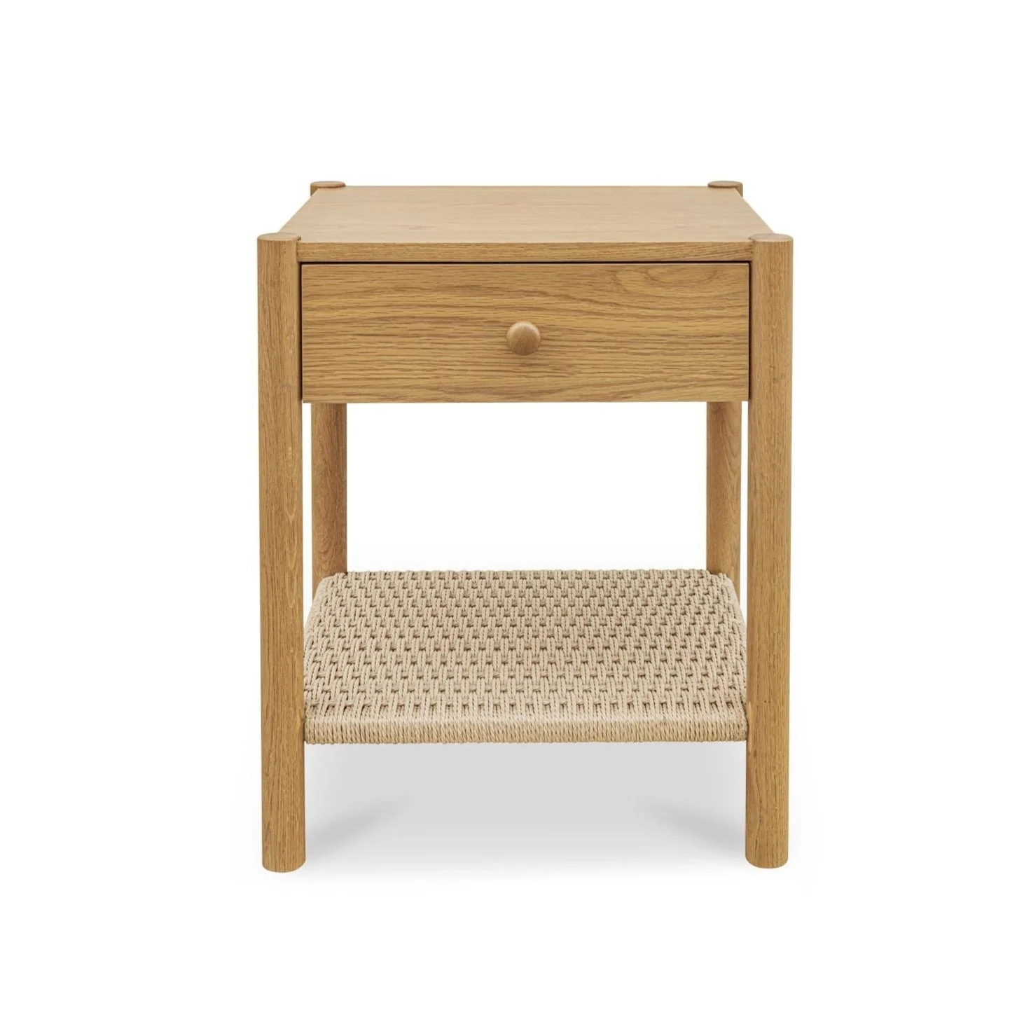 Understated Woven Paper Rope & Solid Oak Nightstand with Soft-Close Drawer & Open Shelf for Bedroom