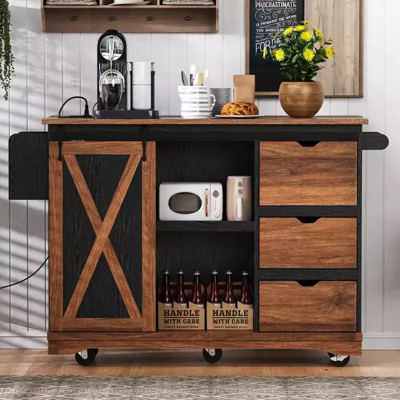 Okak Farmhouse Kitchen Cart with Drop Leaf, Rolling Countertop Organizer with Barn Door, Power Outlet, Kitchen Island for Home