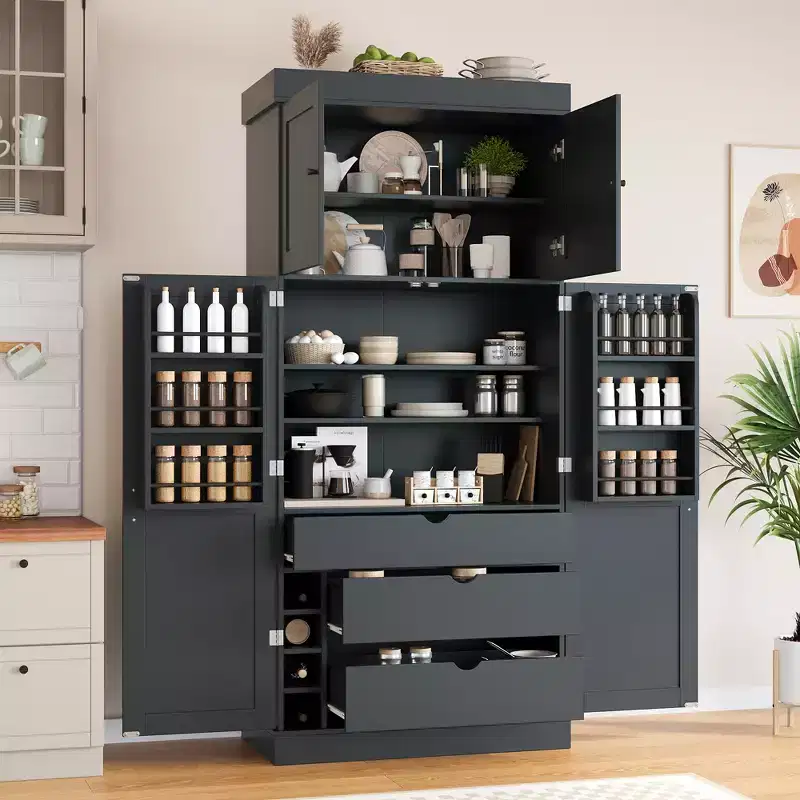 77H Freestanding Kitchen Pantry, Farmhouse Storage Cabinet with Adjustable Shelves, Door Shelves, Drawers & Wine Racks - ModernLuxe