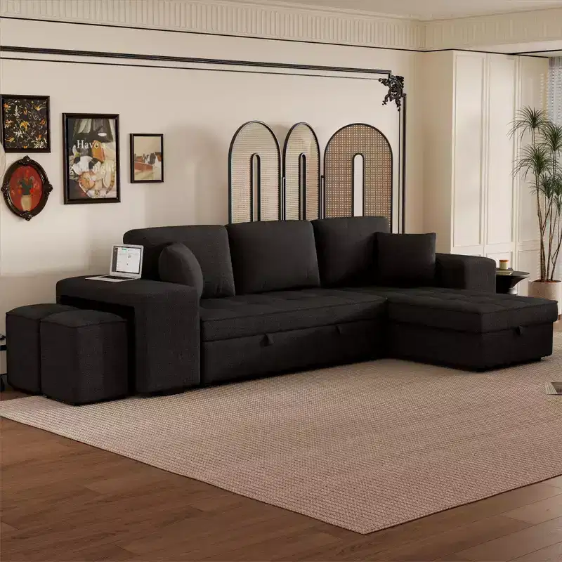 104.5 Modern L-Shape 3 Seat Reversible Sectional Couch Pull Out Sleeper Sofa with Storage Chaise and 2 Stools for Living Room Furniture Set