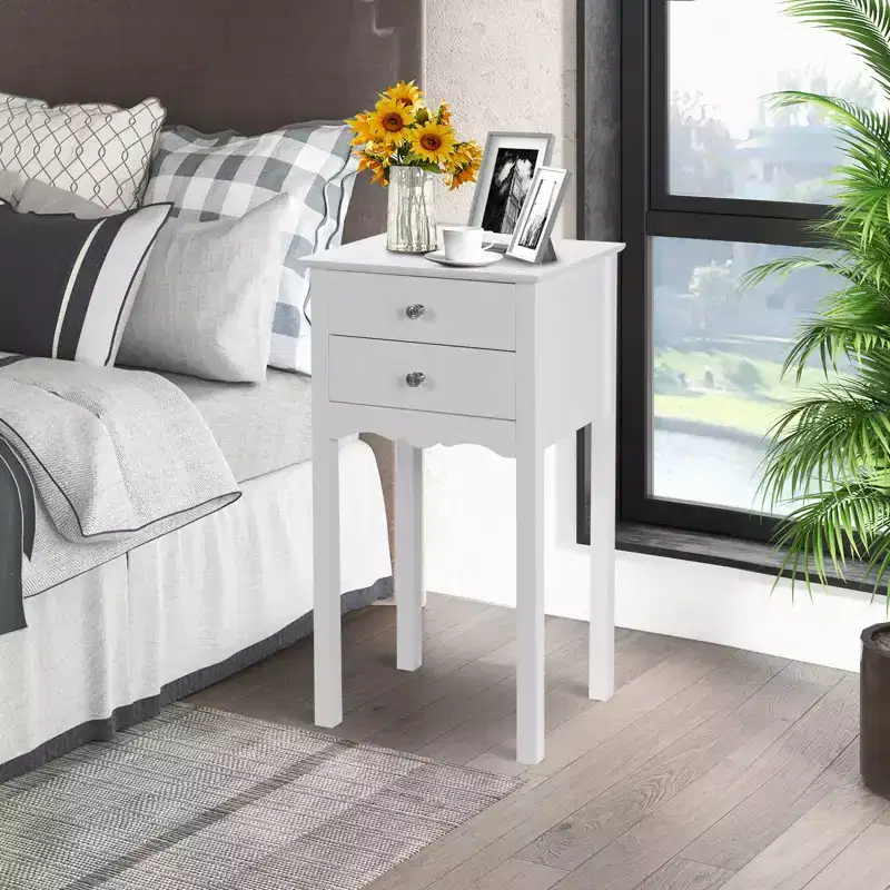 Side Table with 2 Drawers – White MDF