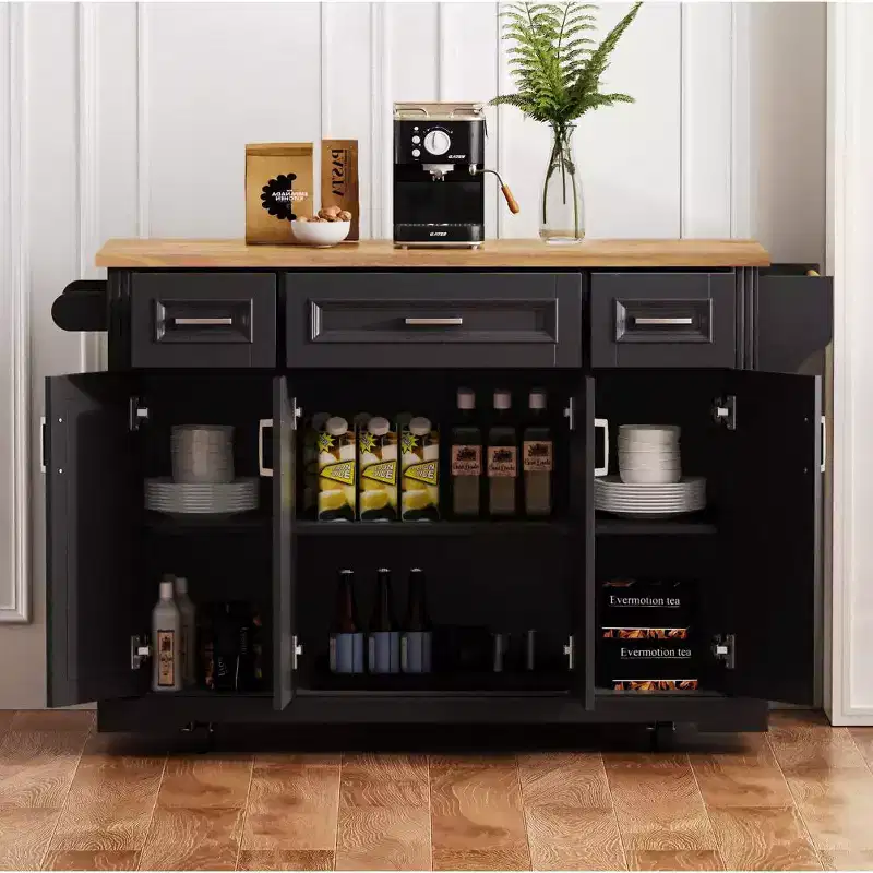 Whisen 54 Kitchen Island with Rubber Wood Drop Leaf, Embossed Texture Kitchen Cart on Wheels with Multiple Storage