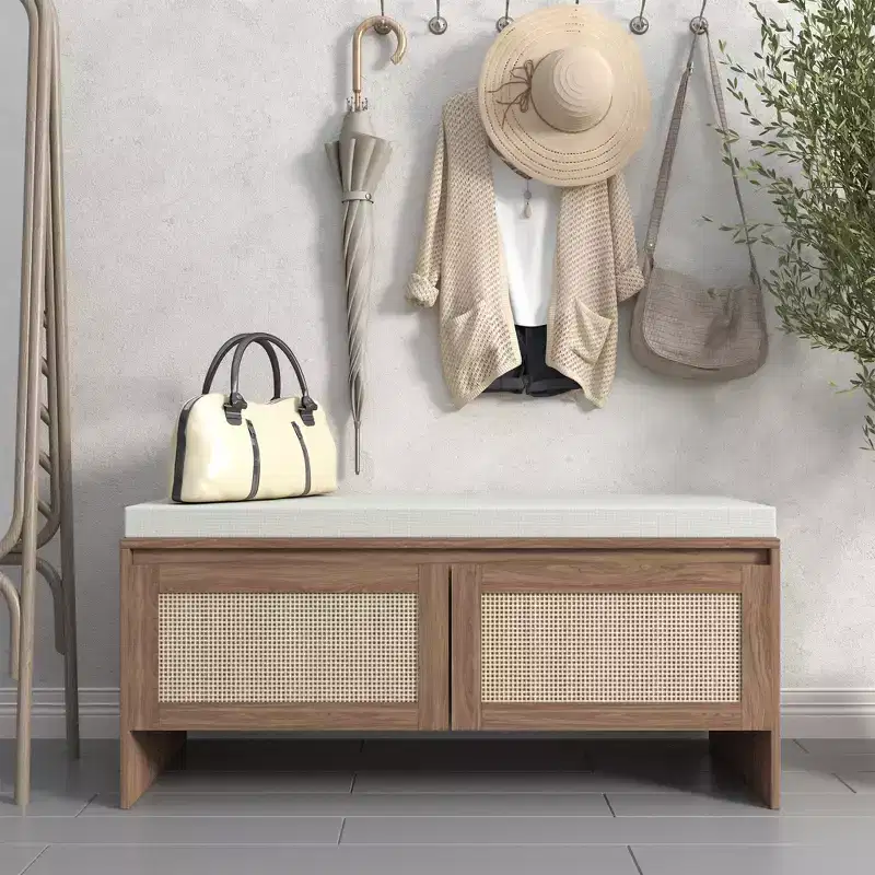 PP Rattan Storage Bench with Cushion: 2-Door Shoe Cabinet, Mid-Century Modern Entryway Seat for Hallway, Bedroom, Mudroom - Natural Finish