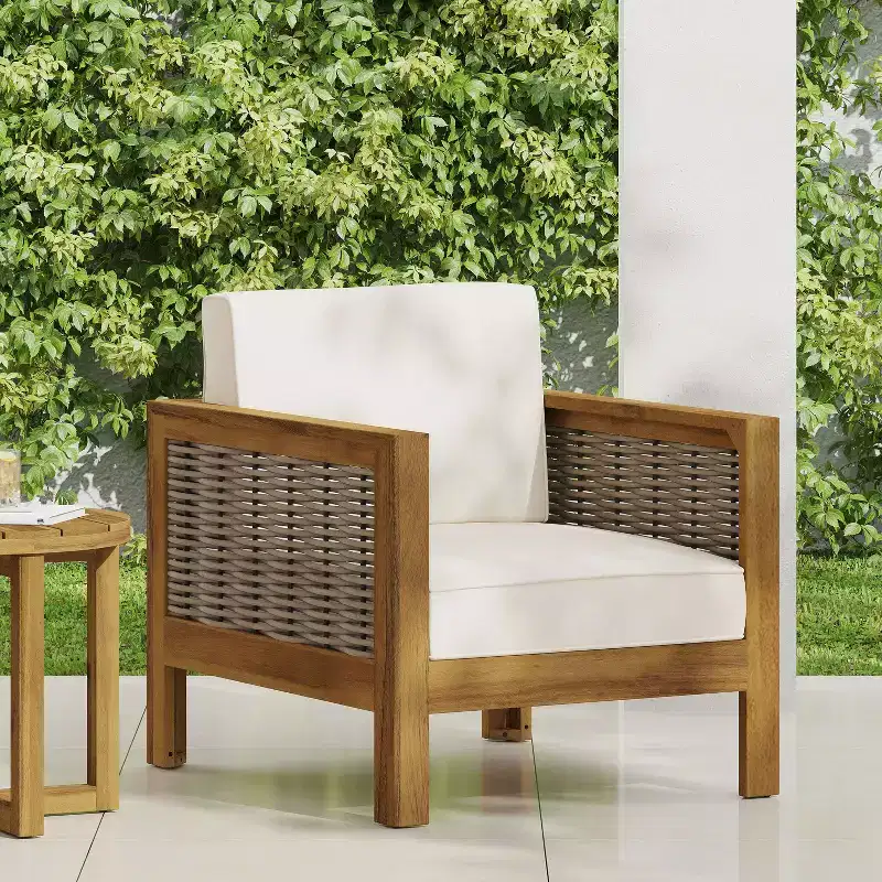 Okak Patio Accent Chairs with Wicker Frame,Set of 1/3,Upholstered Outdoor Armchair Acacia Club Chair for Backyard,Patio&Garden,400lbs Max