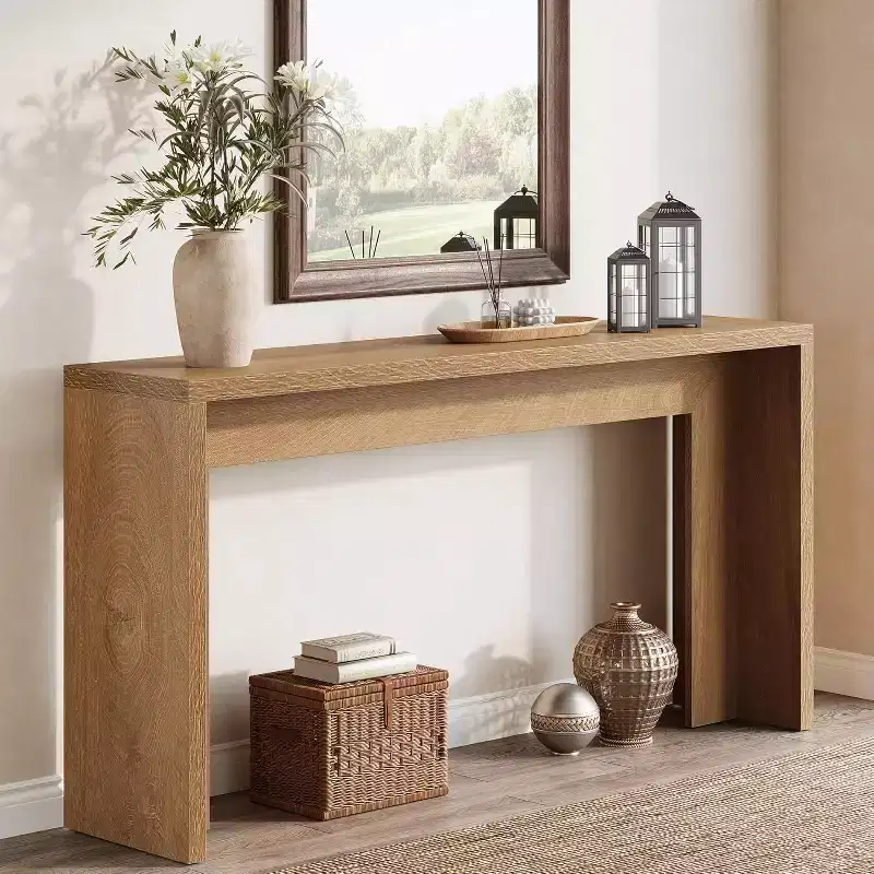 Lantine 55-Inch Farmhouse Console Table: Wooden, with storage, narrow long design. Suitable for living room, entryway, hallway. Light brown color.