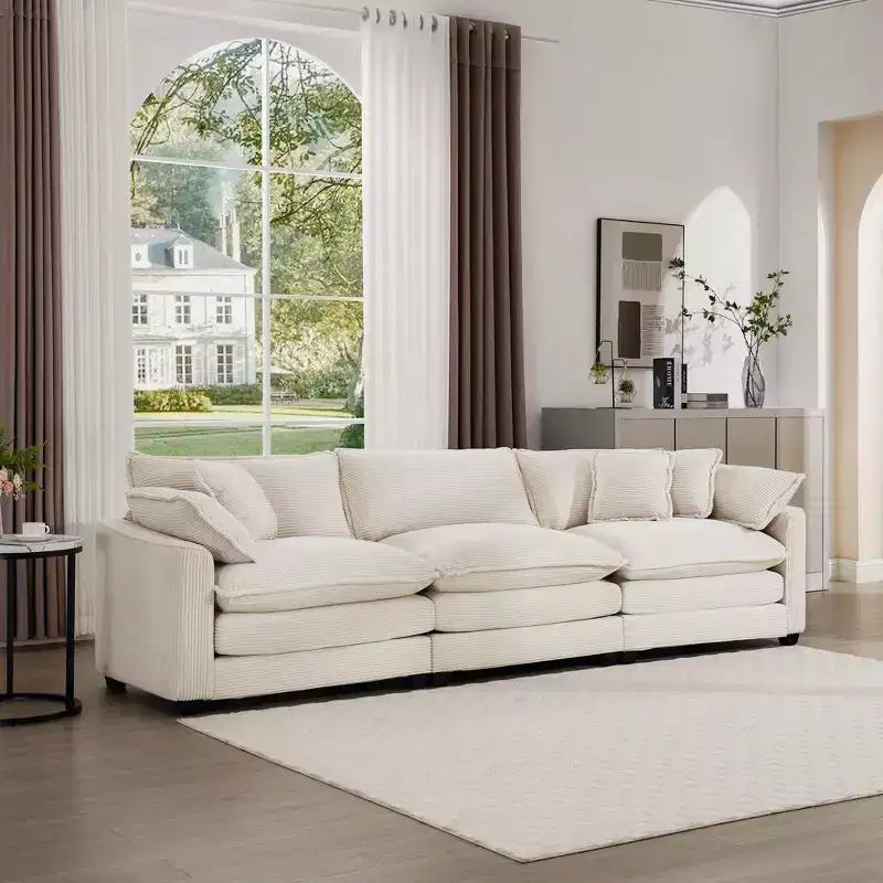 Mid-Century Modern Sofa 3-Seater Sectional Sofa with 2 Arm Pillows and 3 Throw Pillows, Light Beige Corduroy Fabric