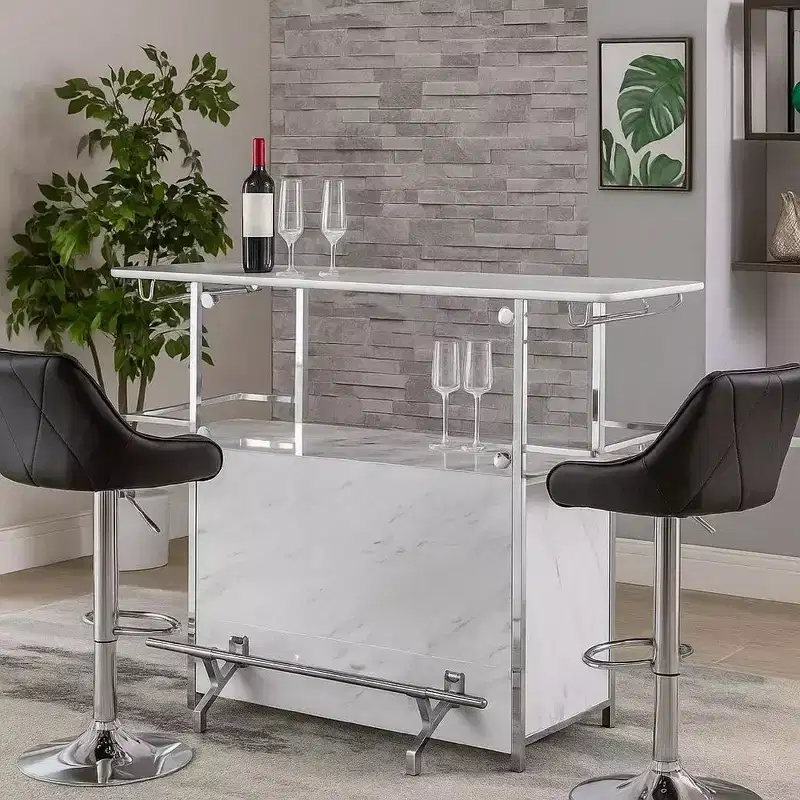 Royal Hampton Bar Table with Faux Marble and Chrome Finish, White and Silver