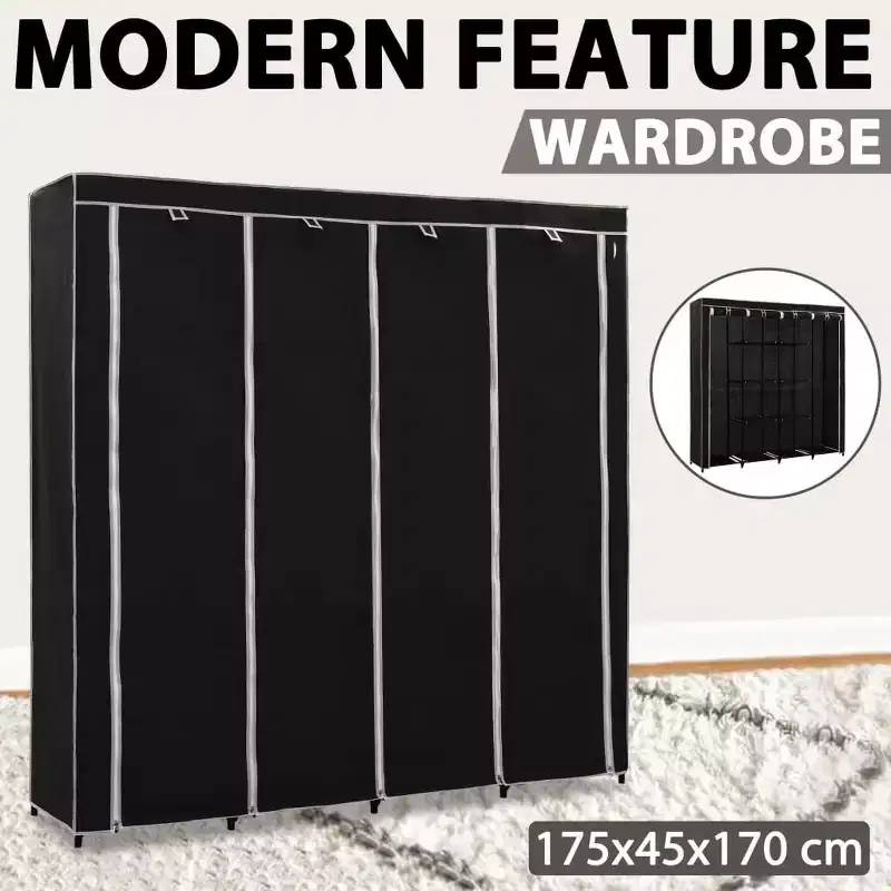Wardrobe Black Iron Frame and Polyester Fabric Large Wardrobe - Black