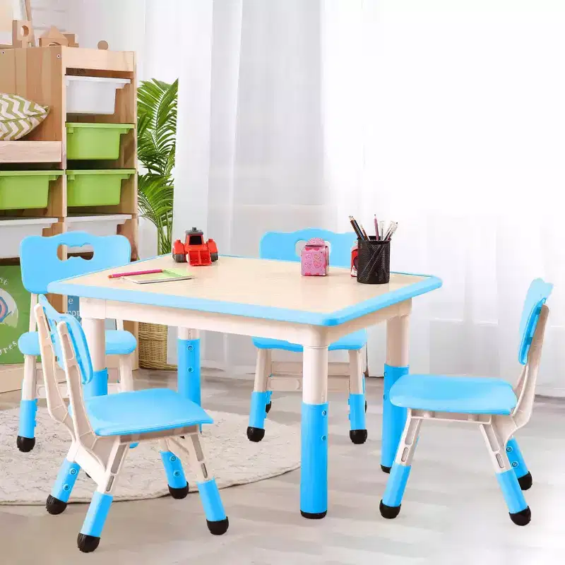 Kids Table and 4 Chairs Set  Height Adjustable Children Study Desk with Chairs, Non-Slip Legs & Erasable Graffiti Desktop, Preschool Activity Art