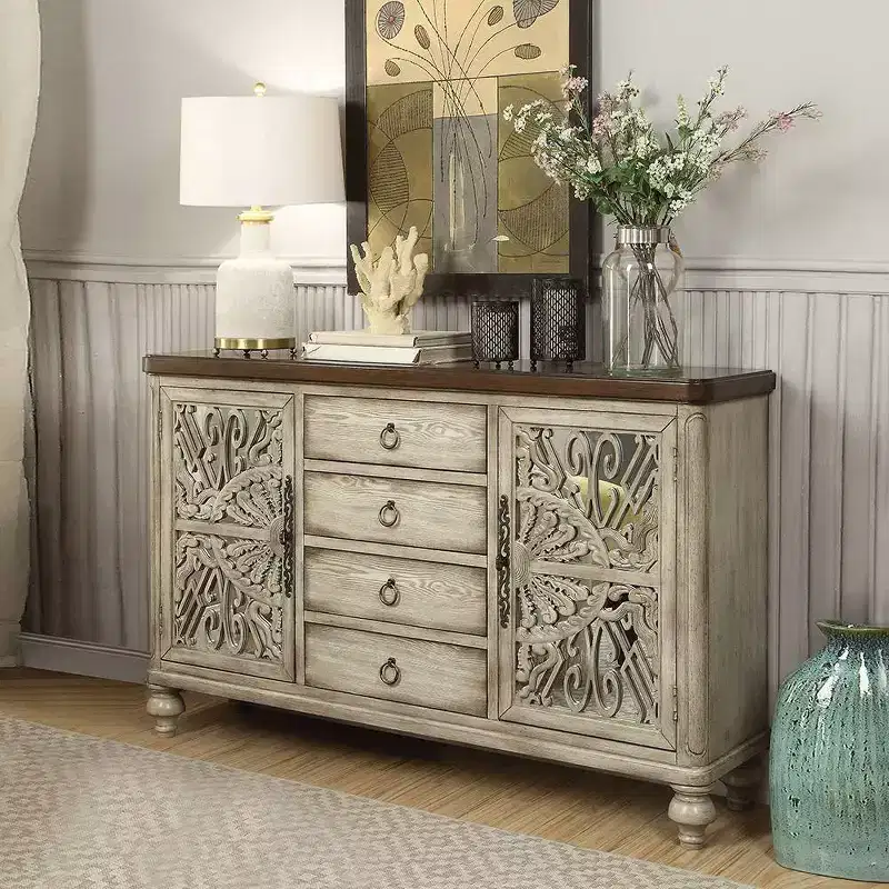 60" Vermont Accent Table Antique White - Acme Furniture: Elegant Storage, 4 Drawers & Shelves
