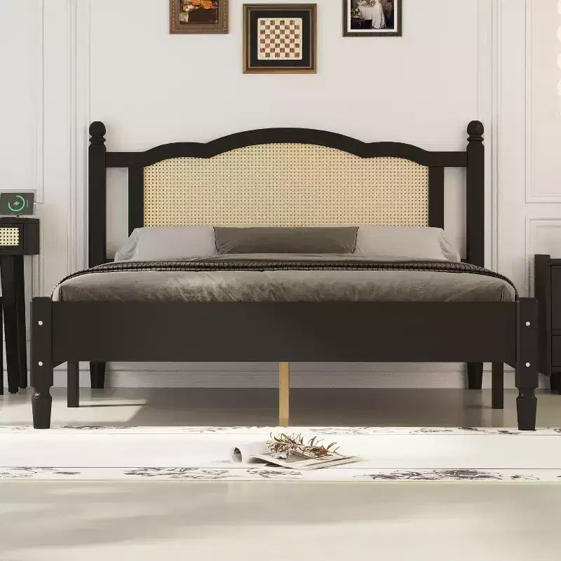 Queen/Full Platform Bed with Natural Rattan Headboard & Wood Slats, 600 lb Capacity