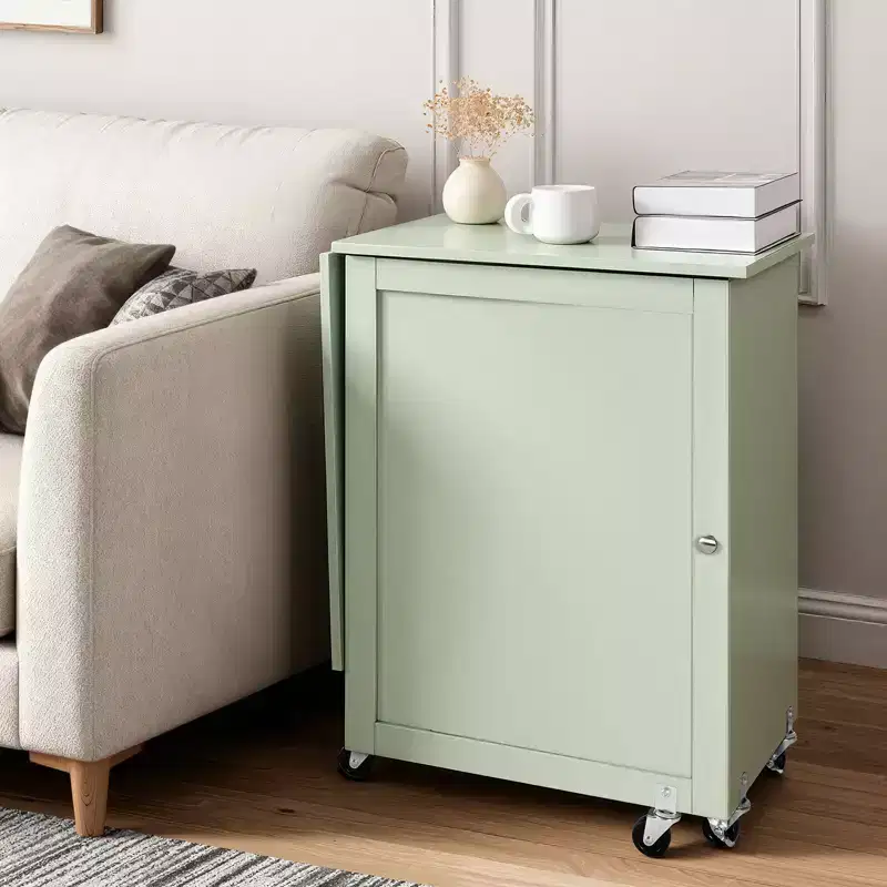 Folding Sewing Table, Multipurpose Sewing Machine Table with Wheels, Wooden Pegs, Storage Trays and Shelf, Light Green