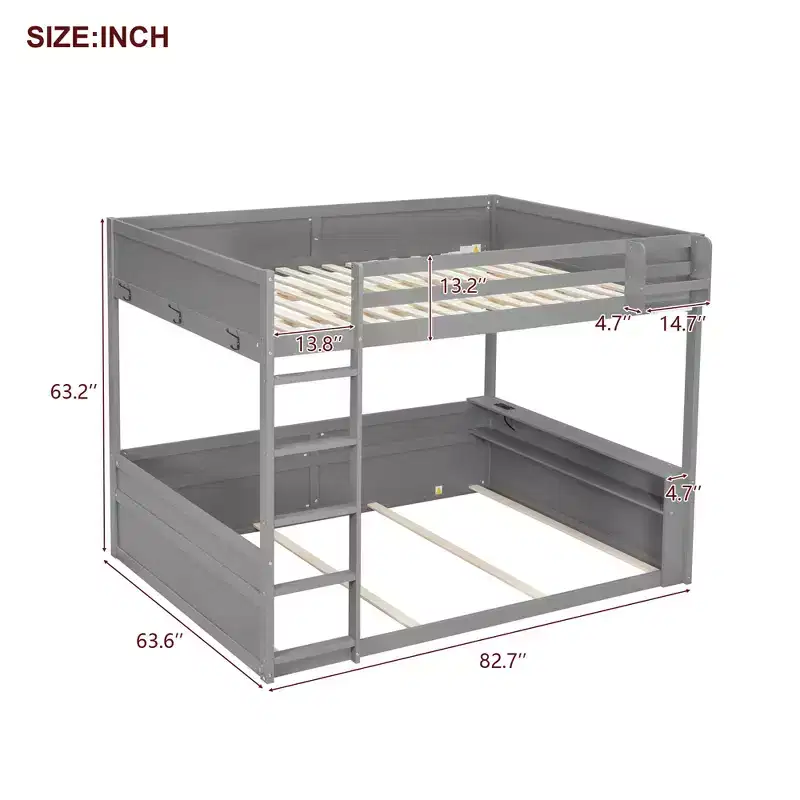 Low Bunk Bed Queen over Queen with Storage Shelves, Wood Bunk Bed with USB Charging Station and LED Light