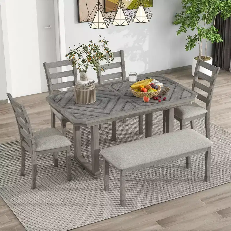 GDFStudio Bennett 6 Piece Rubber Wood Dining Set with Artistic Wood Grain Tabletop and Cushioned Chairs