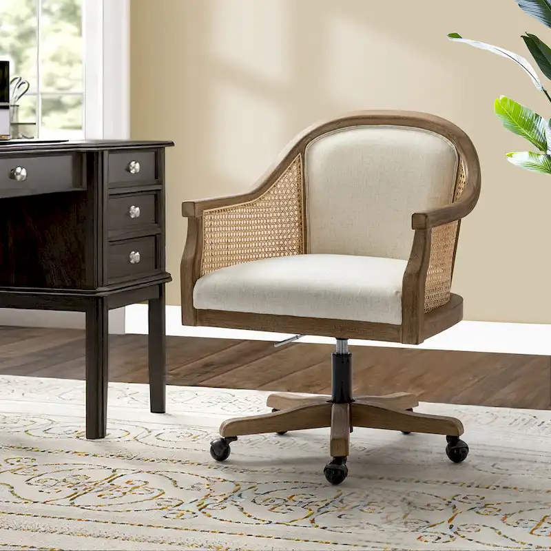 Danilo Farmhouse 360 Degree Swivel Height Adjustable Rattan Desk Chair with RubberWood by HULALA HOME