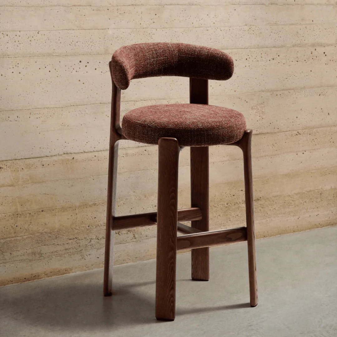 Mid-Century Brick Walnut Barstool with High Density Foam and Timber Legs for Kitchen