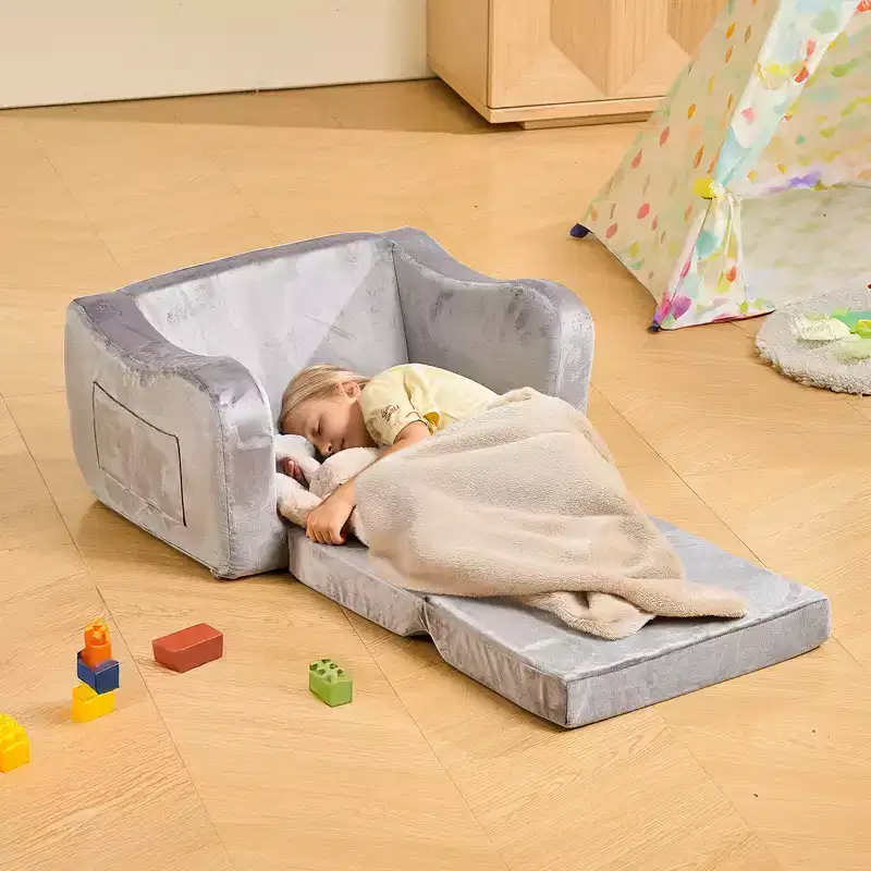 2-in-1 Kids Sofa, Foldable Toddler Soft Couch with Armrests, Made of 28D Sponge & Short Pile, Convertible Toddler Chair to Lounger, M, Gray