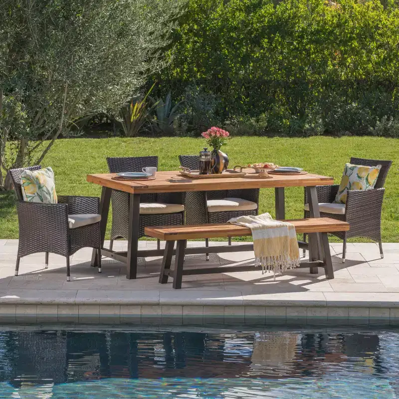 GDFStudio Preston Outdoor Acacia Wood and Wicker 6 Piece Dining Set