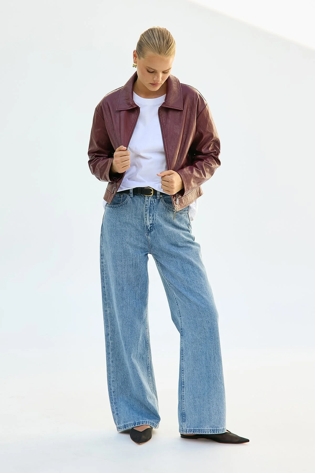 Faux Leather Zip Up Jacket Burgundy