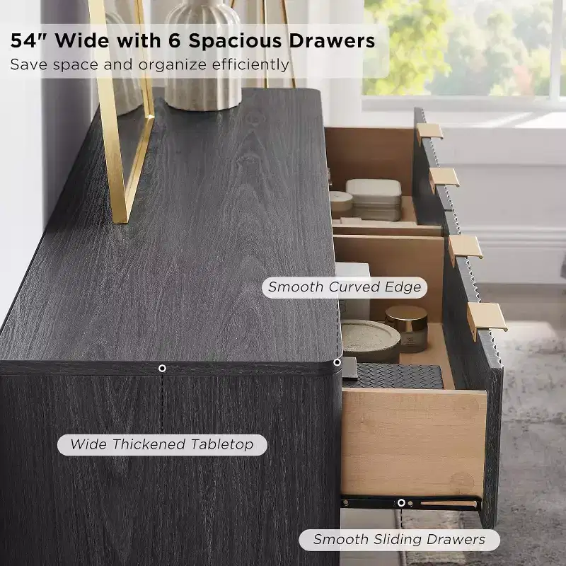 Fluted 6 Drawer Dresser for Bedroom, Modern Chest of Drawers with Metal Handle, Curved Profile Design, Wood Storage Organizer