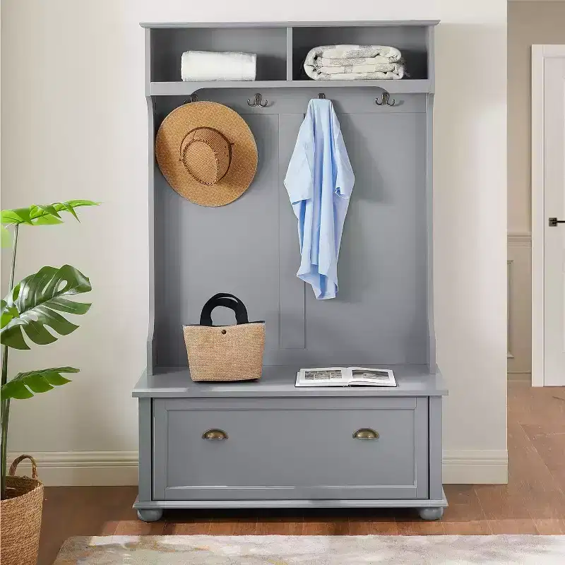 4-In-1 Entryway Hall Tree with Coat Rack, Storage Bench, Coat Hooks, and Open ShelvesFarmhouse Shoe Bench for Mudrooms and Hallways