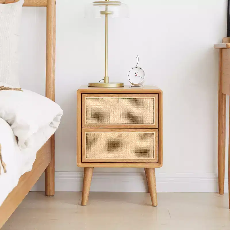 Nightstand Table, Rectangular Minimalist Style Nightstand With 2 Rattan Design Drawers, Modern Wood Sofa Side Table For Reception Room, Living Room