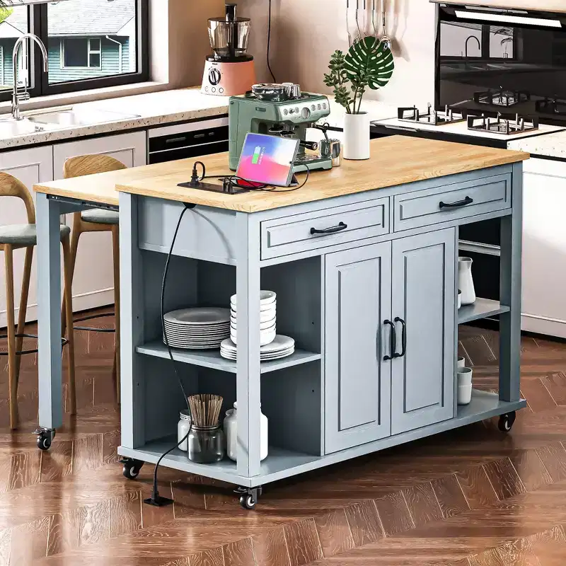 47 Kitchen Island with Extendable Dining Table Rubber Wood Veneer Kitchen Table with Storage Rack & Power Outlet & 2 Drawers 2 Cabinet Blue