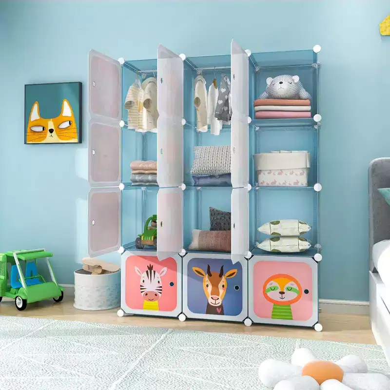 12-Cube Kids Wardrobe Baby Dresser Bedroom Armoire Clothes Hanging Closet with Door Blue/Pink