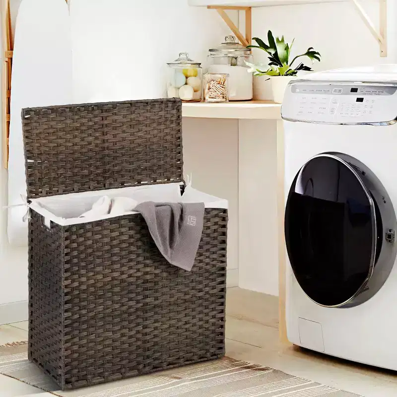 Costway 110L 3-Section Laundry Hamper w/Lid&Handle PE Rattan Clothes Hamper w/Liner Bag