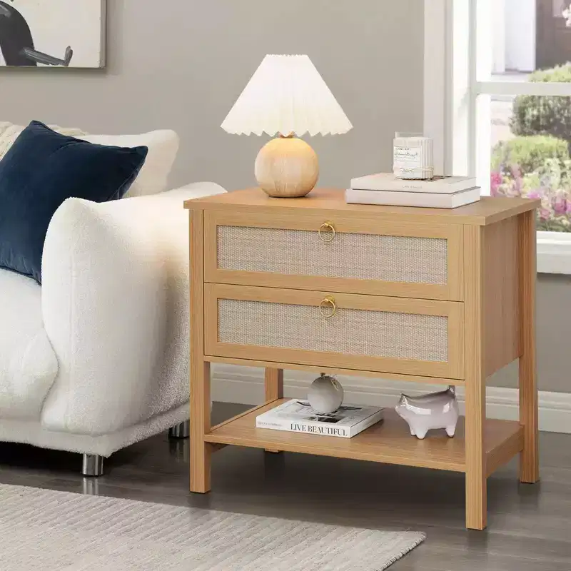 Nightstand Set of 2, Rattan Bedside Table with 2 Drawers, Sofa Side Table for Small Spaces, Narrow Bedside Table, Accent End Table for Living Room
