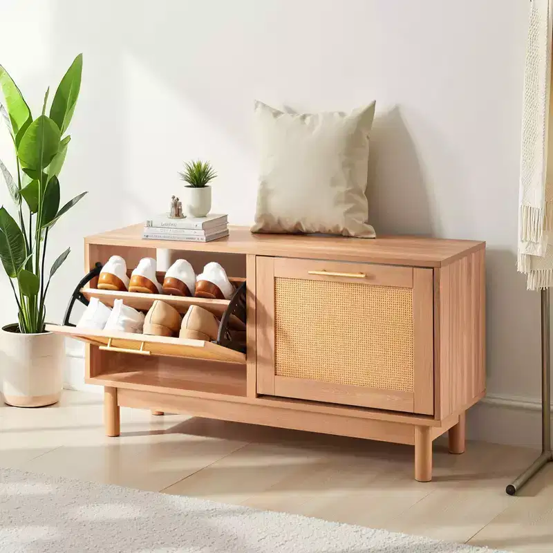 Entryway Shoe Bench, 39.4 x 11.8 x 20.9 Inch Rattan-Like Shoes Bench with 2 Flip Drawers, 300lbs Shoe Storage Rack with 4 Compartments, Brown