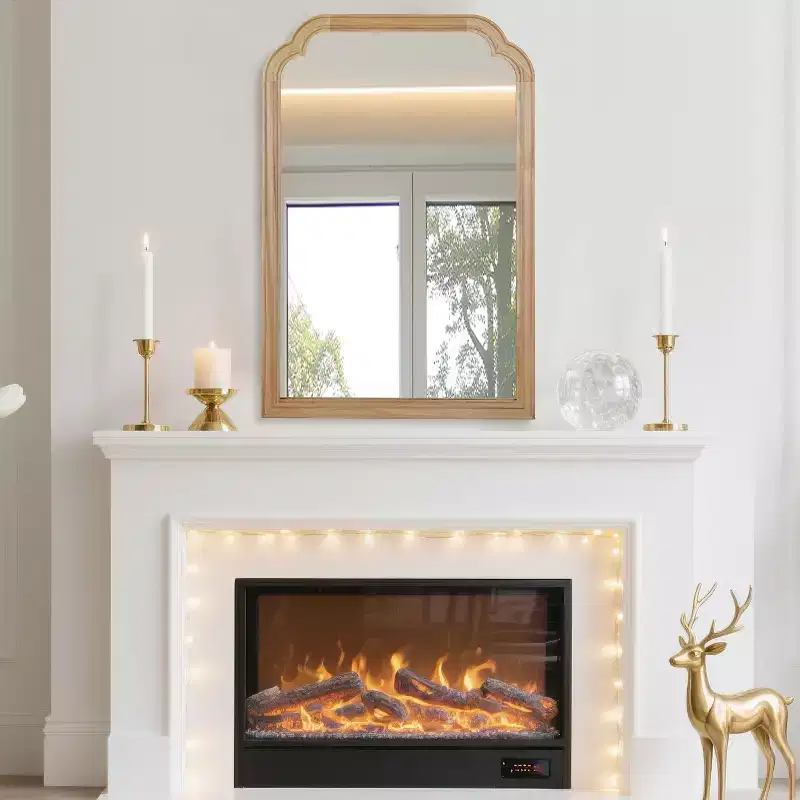 Natural Wood Color 20 x 30 Solid Wood Frame Rounded Corner Decorative Mirror, For Bedroom, Bathroom, Living Room, Entryway