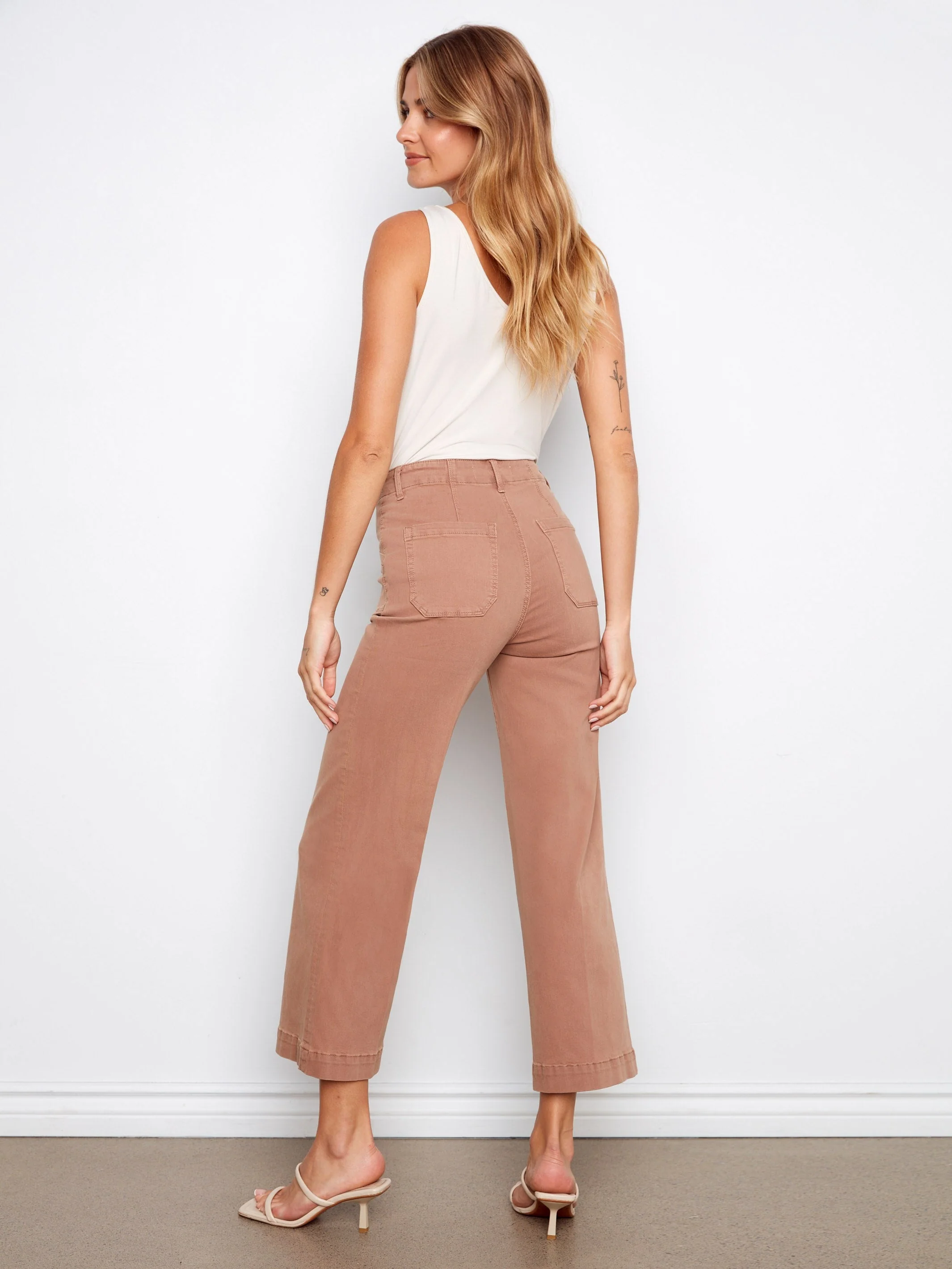 Cropped Wide Leg Stretch Twill Jeans - Brown