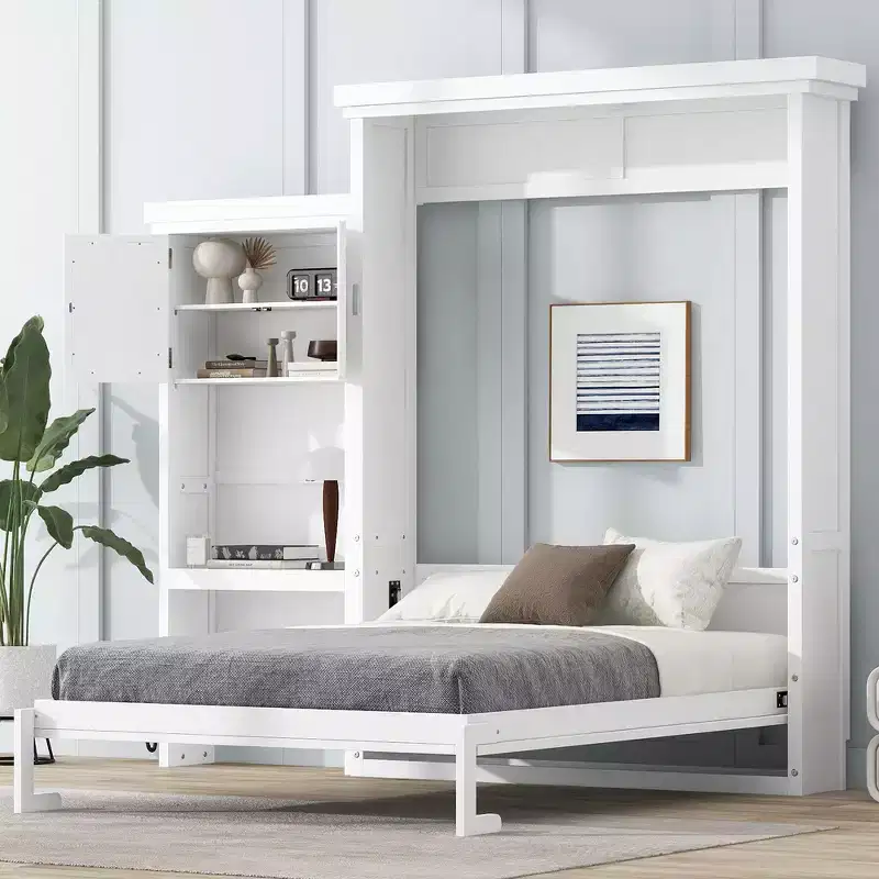 Whisen Wood Queen Size Murphy Bed with Multiple Storage Shelves and Louvered Style Decoration