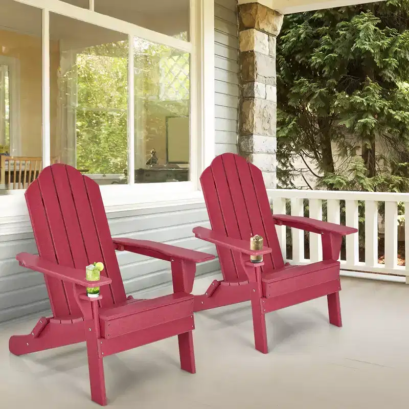 Costway 2PCS Patio Folding Adirondack Chair Weather Resistant Cup Holder Yard Red