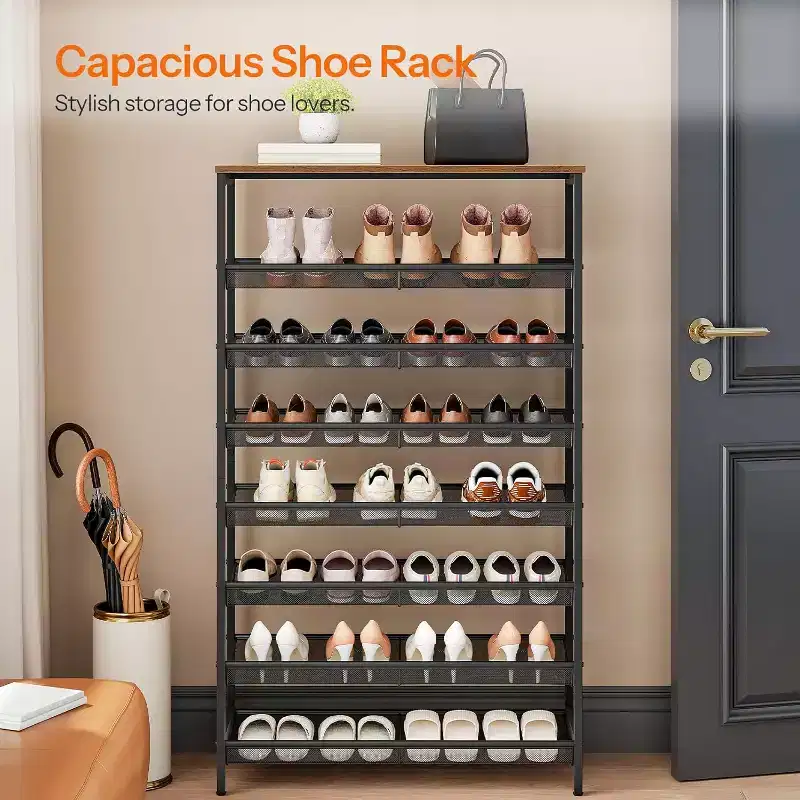 8-Tier Shoe Rack, 29.5L Large Capacity Shoe Storage Organizer (Holds 21-24 Pairs), Space-Saving Rustic Brown & Black Shoe Shelf
