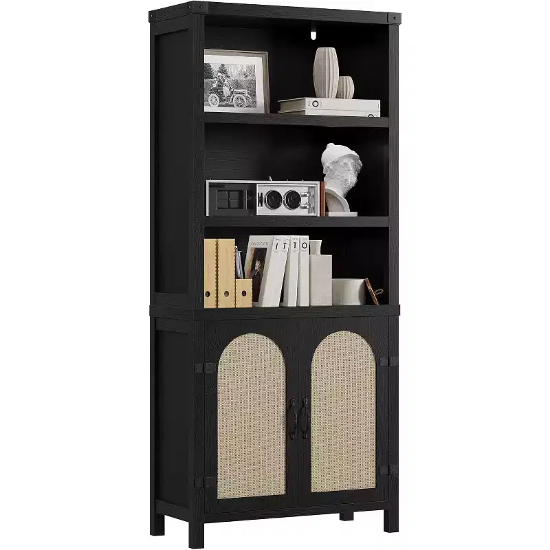 70 High Bookcase, 5-Tier Double-Width Bookcase with Doors and Adjustable Shelves, Wooden Display Cabinet with Storage for Living Room, Office, Brown