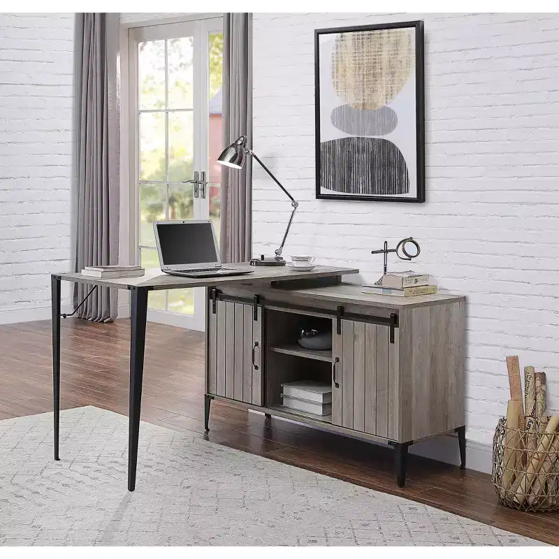 48 in Farmhouse L-Shaped Desk with Metal Legs, 2 Storage Cabinets and 2 Shelves, Corner Computer Desk, 48x48x31 in
