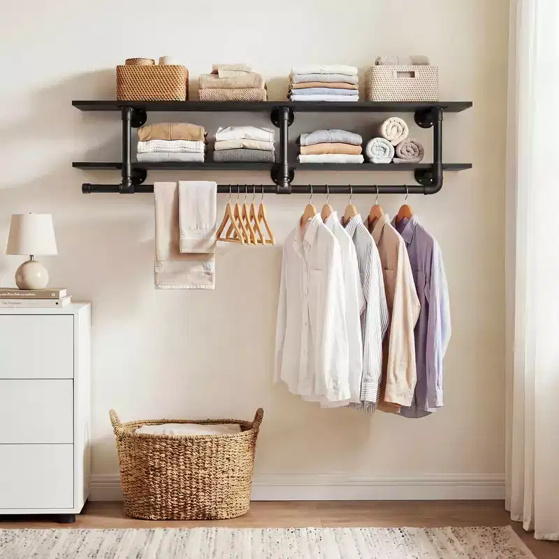 Besiost 2-Tier Clothing Rack with Hanging Rod, Clothing Shelves with Top Shelf