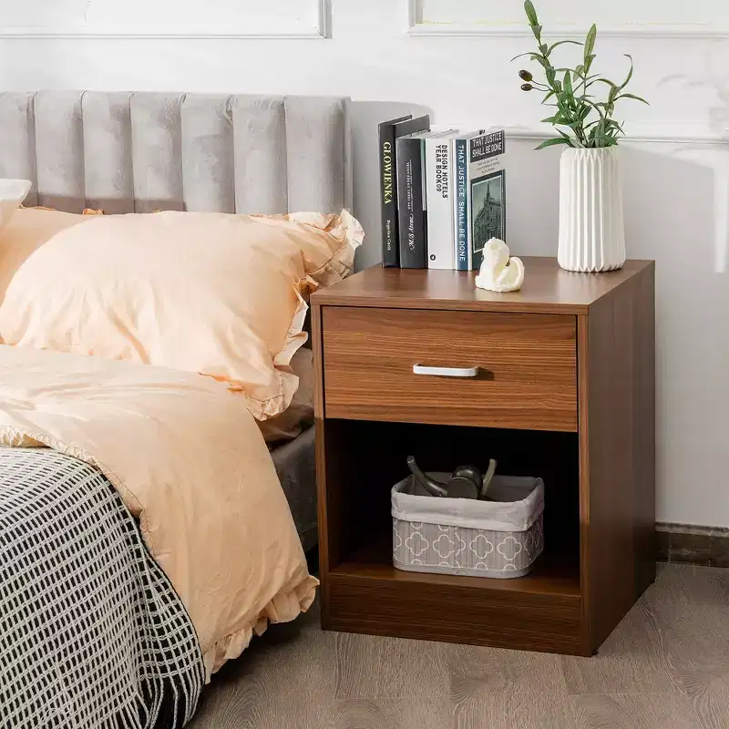 Modern Nightstand with Drawer and Open Shelf Black/Brown
