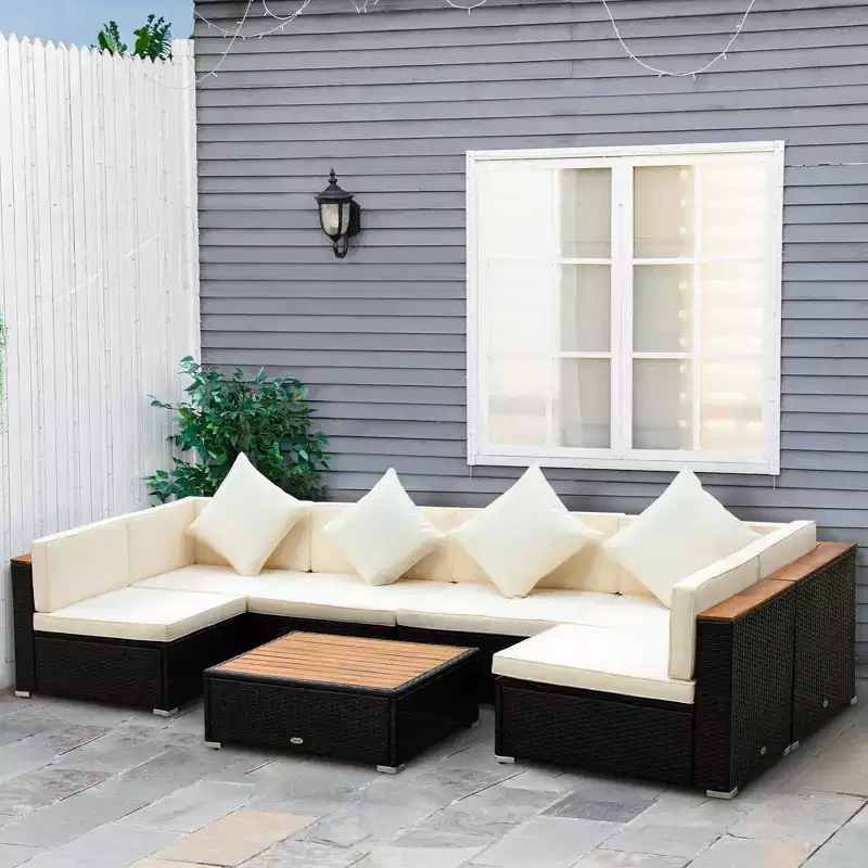 Outsunny 7-Piece Outdoor Wicker Sofa Set, PE Rattan Sectional Furniture Patio Couch w/ Acacia Top Coffee Table & Cushion for Garden, Backyard,