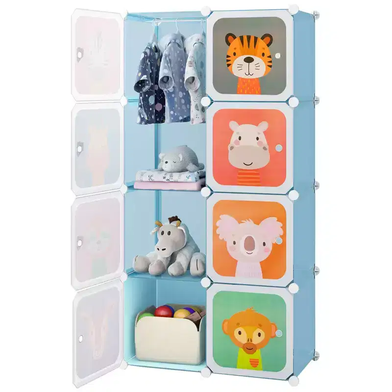 8-Cube Kids Wardrobe with Hanging Section & Animal Pattern Doors, Blue/Pink/White