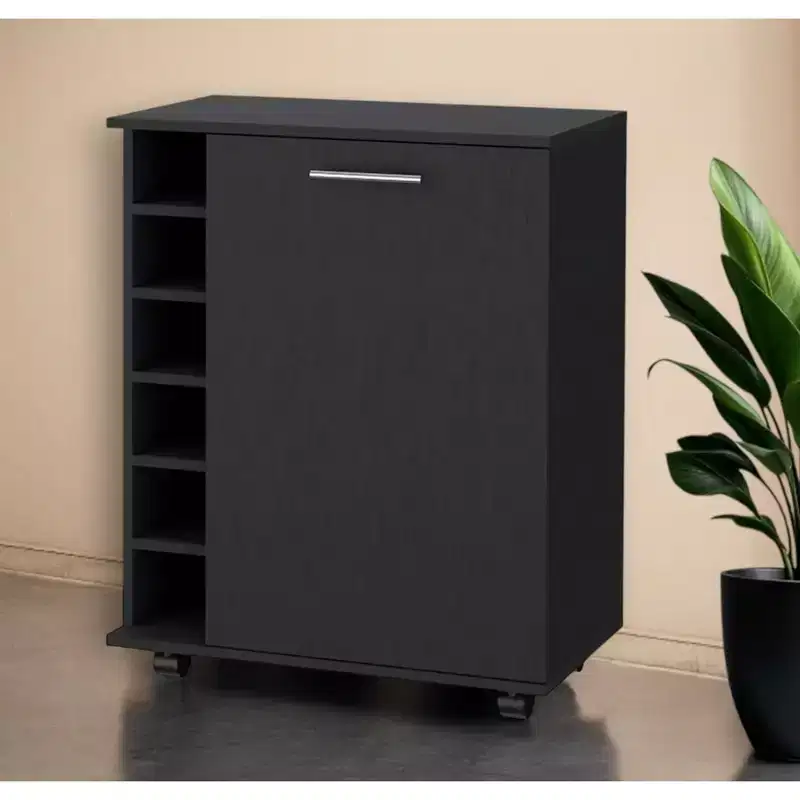 Black Rolling Bar Cart with Wine Storage & Cabinets, Manufactured Wood