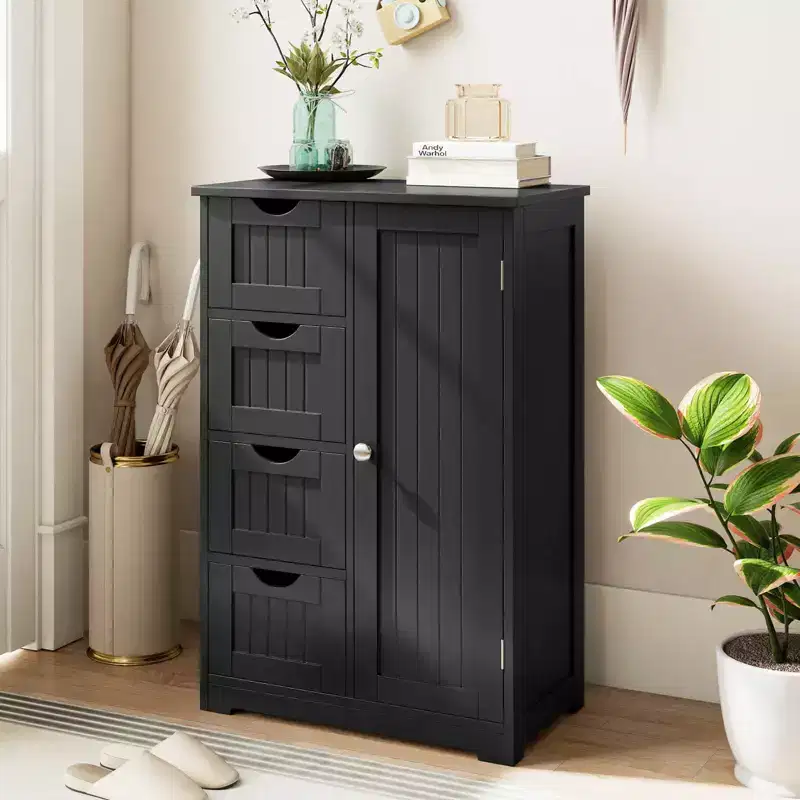 Costway Wooden 4 Drawer Bathroom Floor Cabinet Storage Cupboard 2 Shelves Free Standing White/Brown/Grey/Black