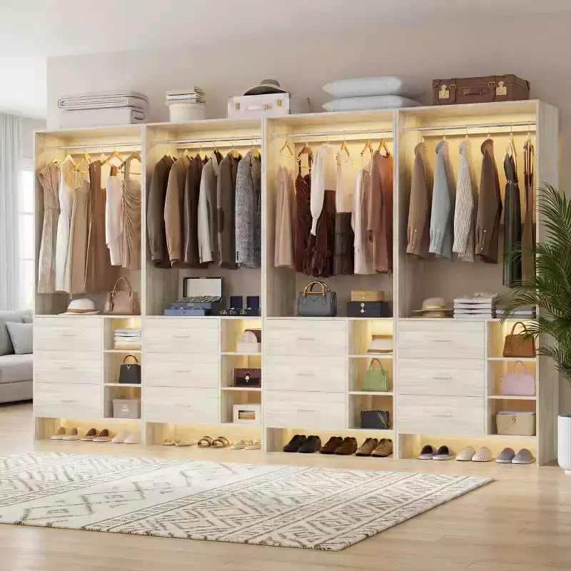 Besiost Set of 4 Closet Organizer with Wooden Drawers and Hanging Rods
