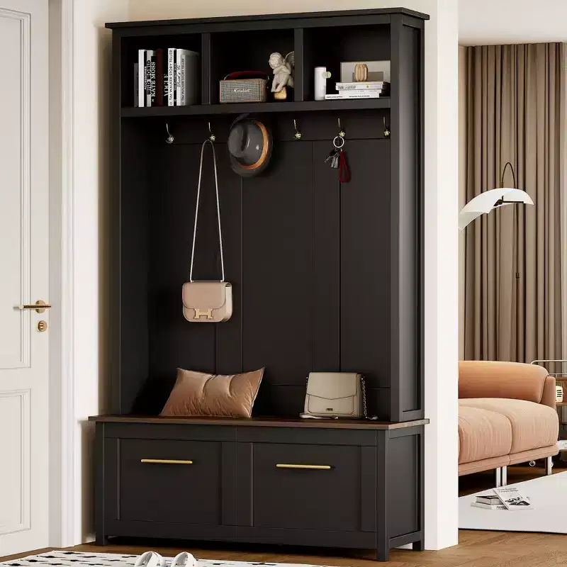 Black / White 4-in-1 Hall Tree with 6 Hooks, Storage Bench & 2 Drawers