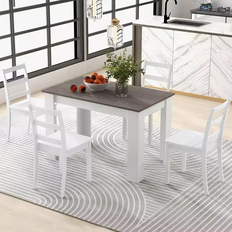 5-Piece Modern Dining Set - Rectangle Table & 4 Rubber Wood Chairs