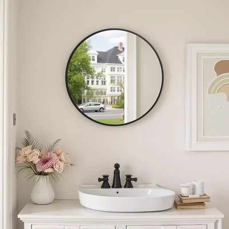 23.6 inch Black Aluminum Round Wall Mirror with Slim Frame Wall-mounted Bathroom Mirror