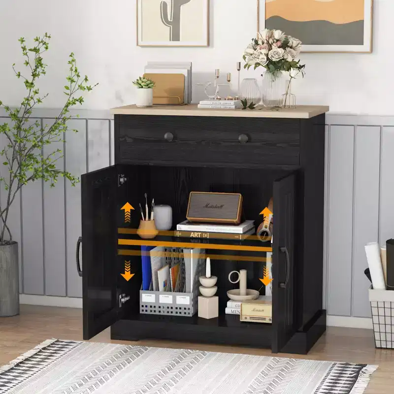 Storage Cabinet with 2 Doors & Drawer, Modern Kitchen Cabinet with Adjustable Shelf, Wooden Coffee Bar Buffet Table for Living Room